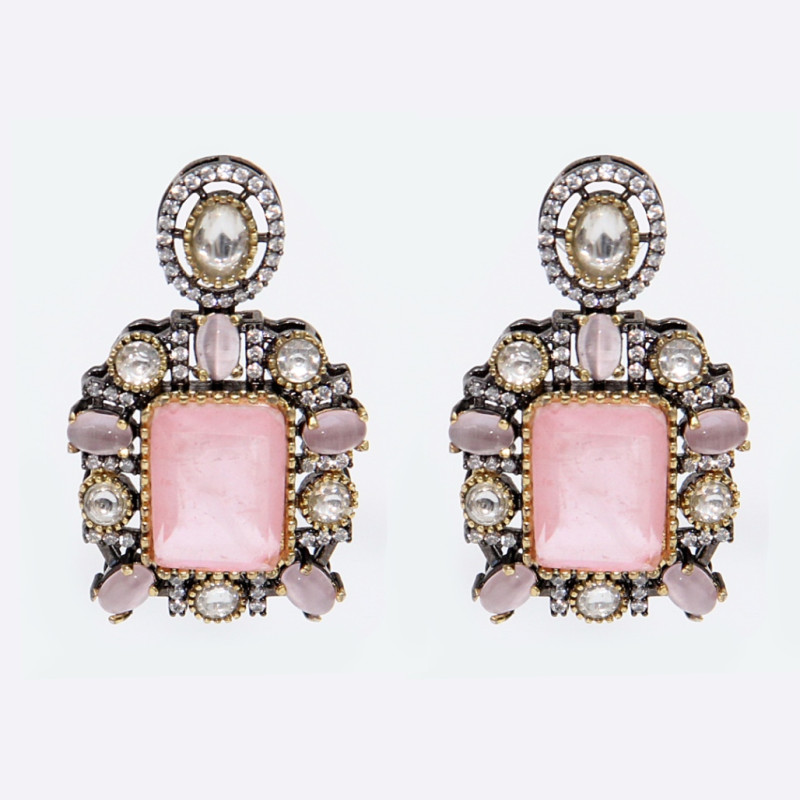 Necklace Set Antique Finish with Doublet Pink Stone