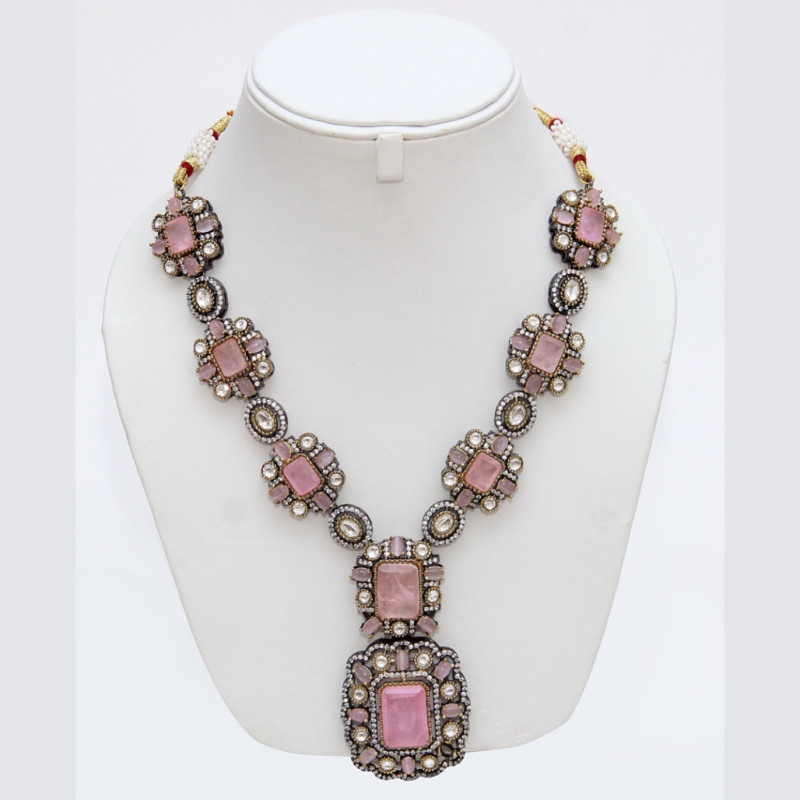 Necklace Set Antique Finish with Doublet Pink Stone