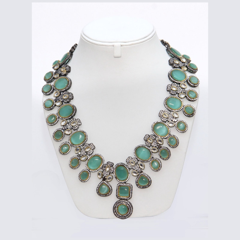 Necklace Antique Finish Set in Brass with Mint Green Stones
