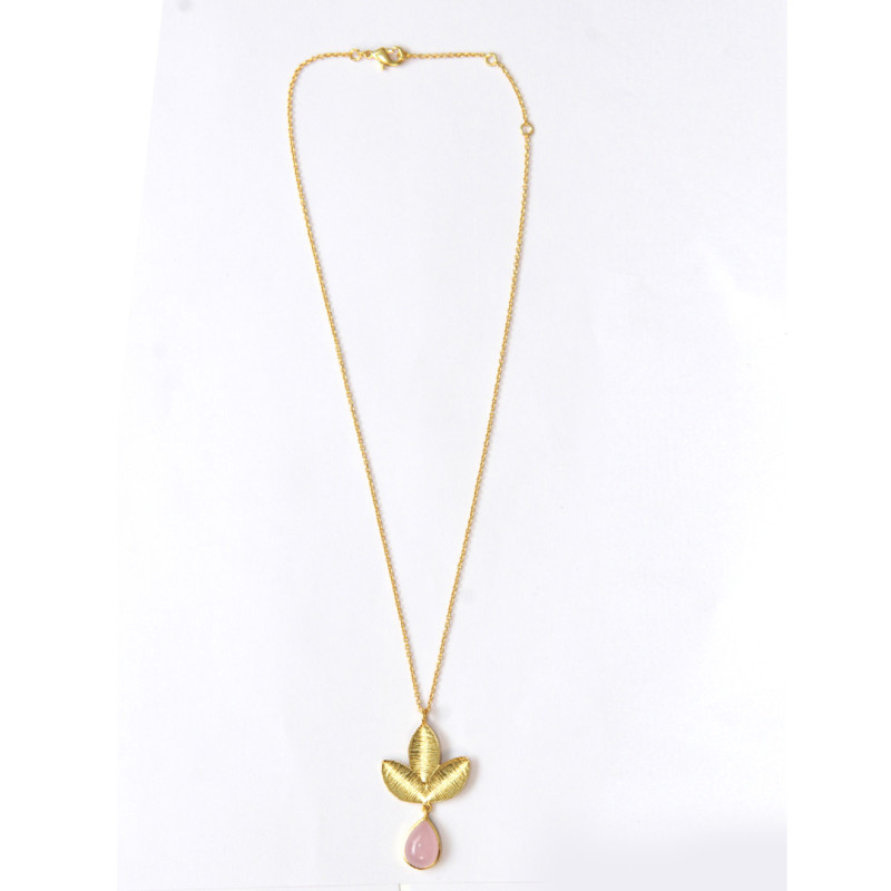 Pendant with Chain Brass Gold Plated - 3 Leaves and Rose Quartz