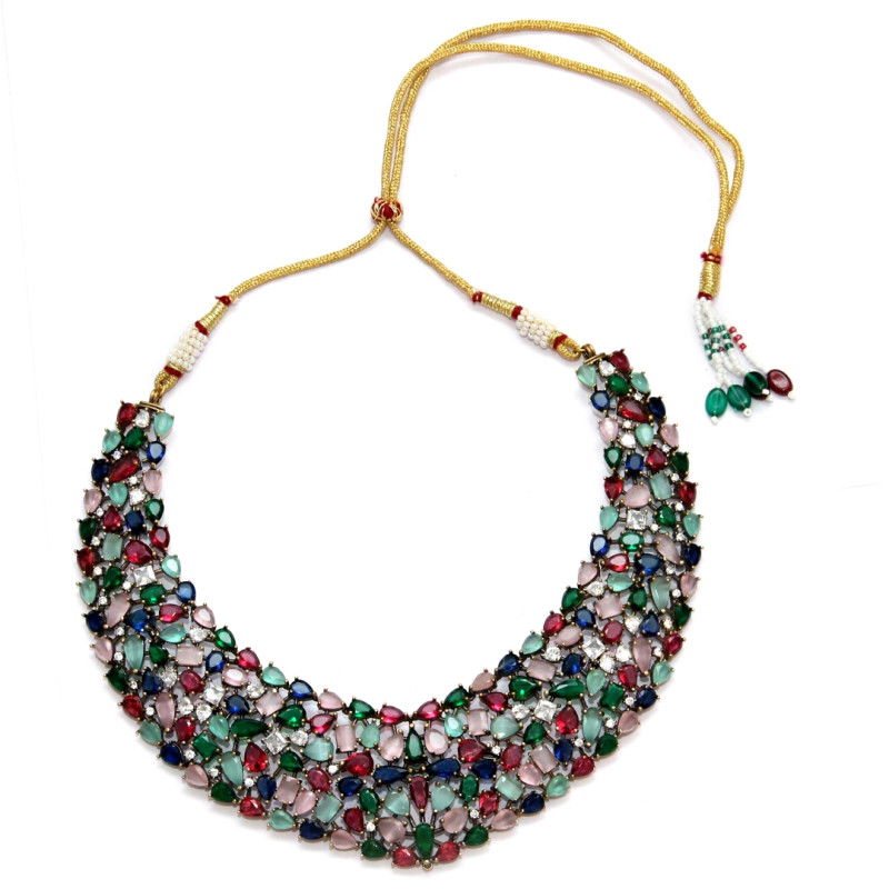 NECKLACE SET ANTIQUE FINISH WITH MULTI COLOR SETTED STONE