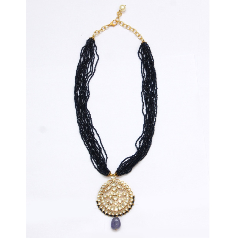 Necklace Set with Kundan Jadau Pendant and Blue Hydro Beads
