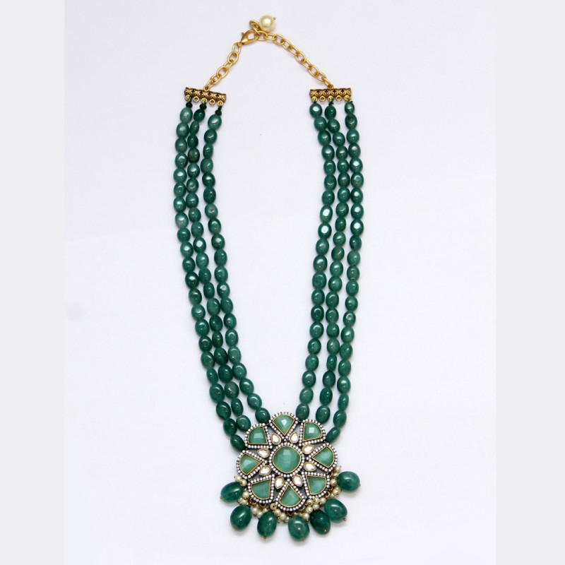 NECKLACE SET GREEN AVENTURINE MULTI STRING WITH MINT GREEN STONE PENDENT