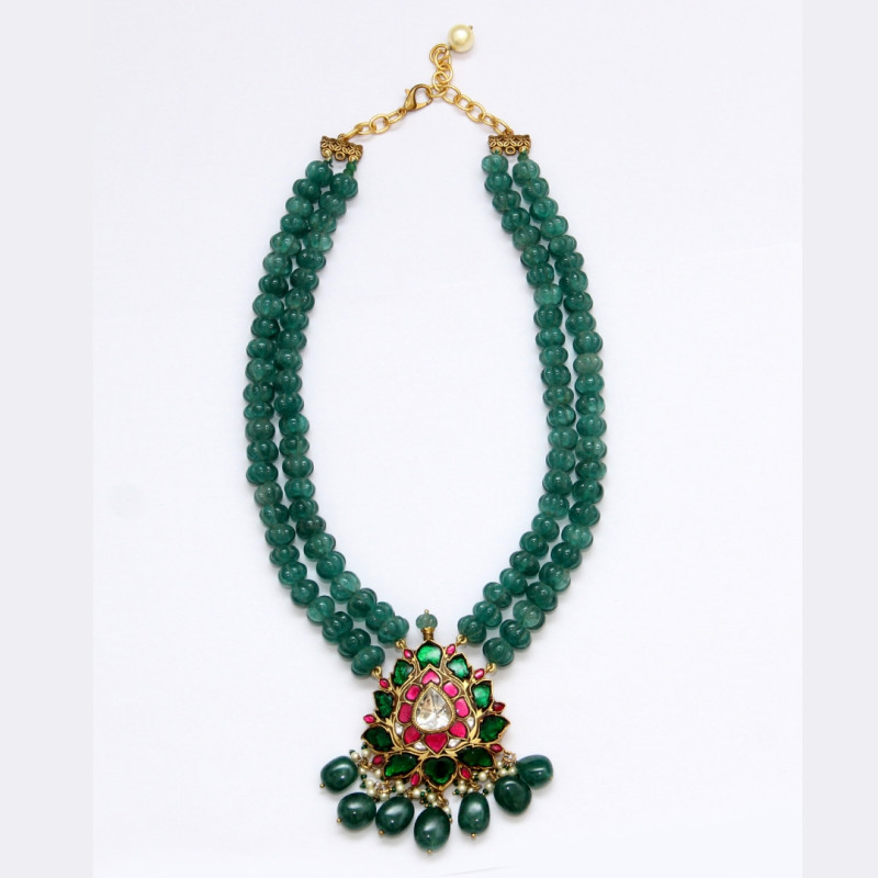 NECKLACE SET WITH SEMI PREIOUS GREEN JADE STONES BRASS WITH GOLD PLATING
