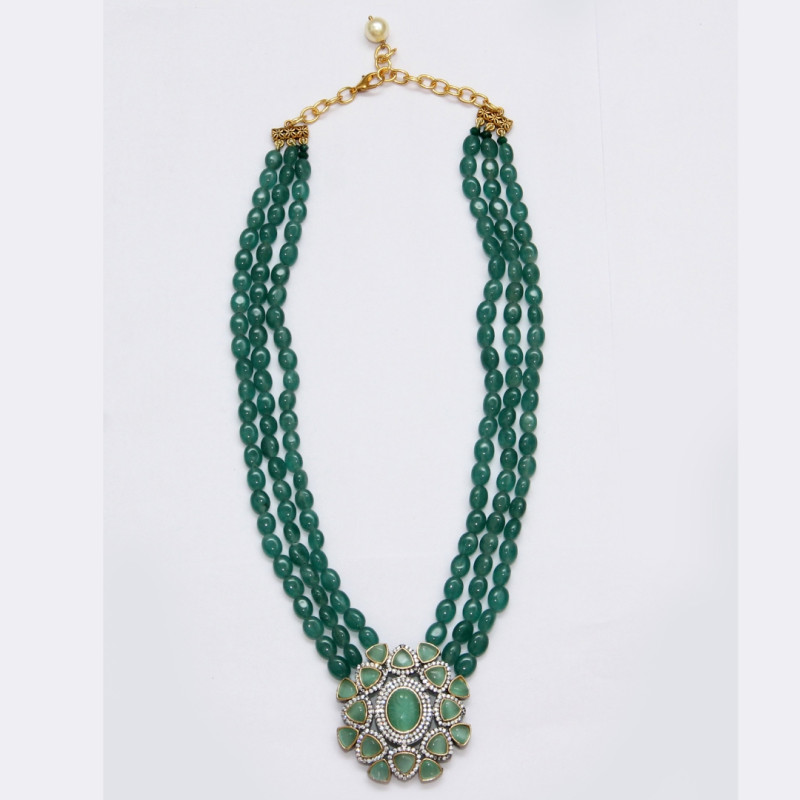 NECKLACE SET GREEN AVENTURINE MULTI STRING WITH MINT GREEN STONE PENDENT