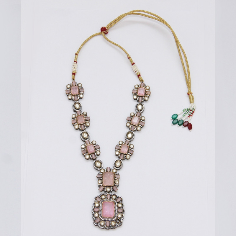 Necklace Set Antique Finish with Doublet Pink Stone