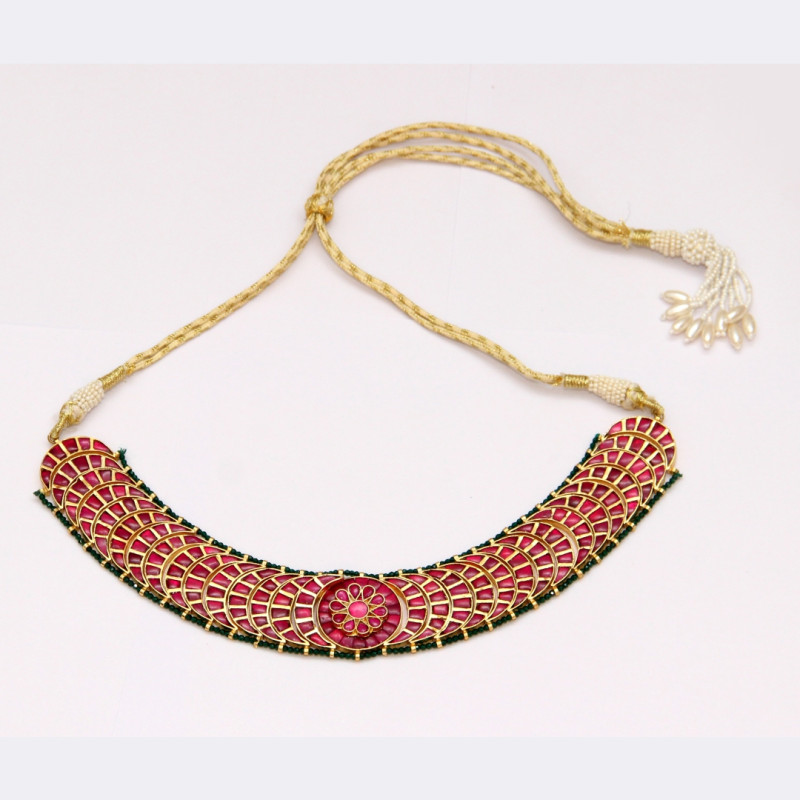 Choker Set With Kundan Jadau and Red Chaand Tikdi (Copper with Gold Plating)