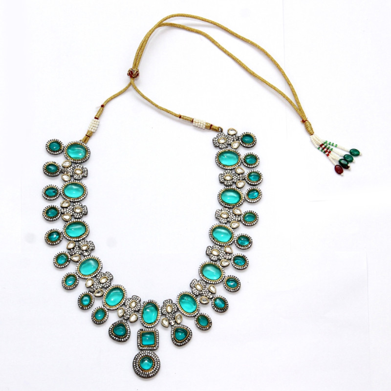 Necklace Antique Finish Set in Brass with Mint Green Stones