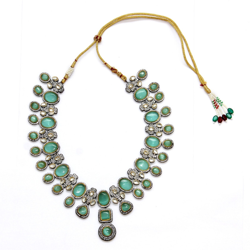 Necklace Antique Finish  Set in Brass with Green Stones