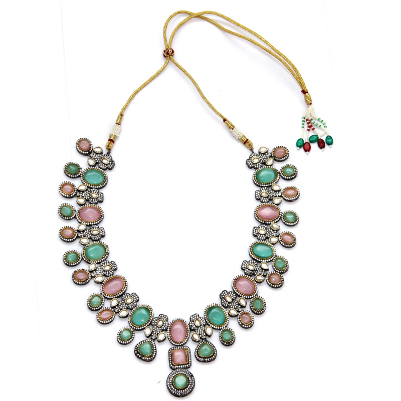 Necklace Antique Finish Set in Brass with Pink and Mint Green Stones