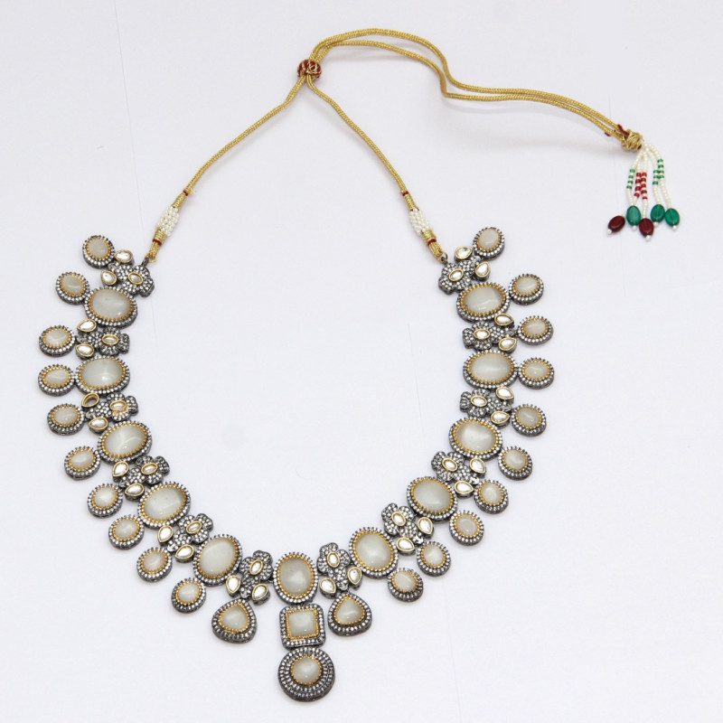 Necklace Antique Finish Set in Brass with Gray Stones