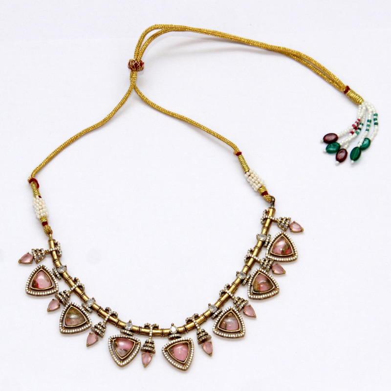 Neckalce Set Antique Finish with Doublet Dark Pink Stone