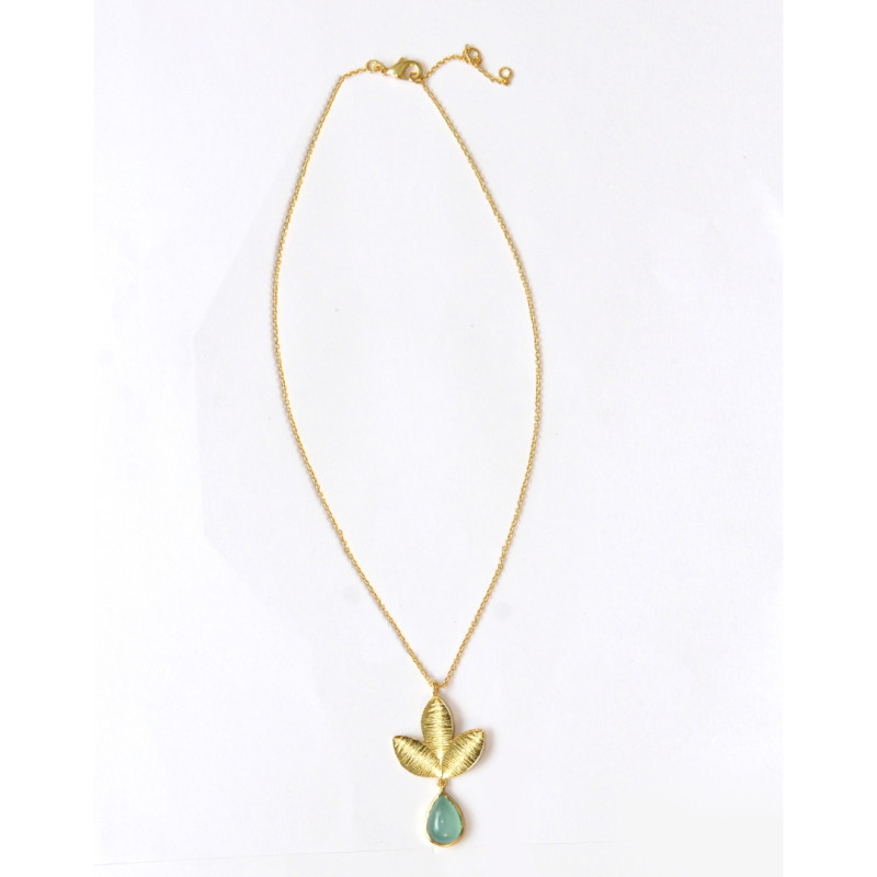 Pendant with Chain Brass Gold Plated - 3 Leaves and Aqua Chalcedony