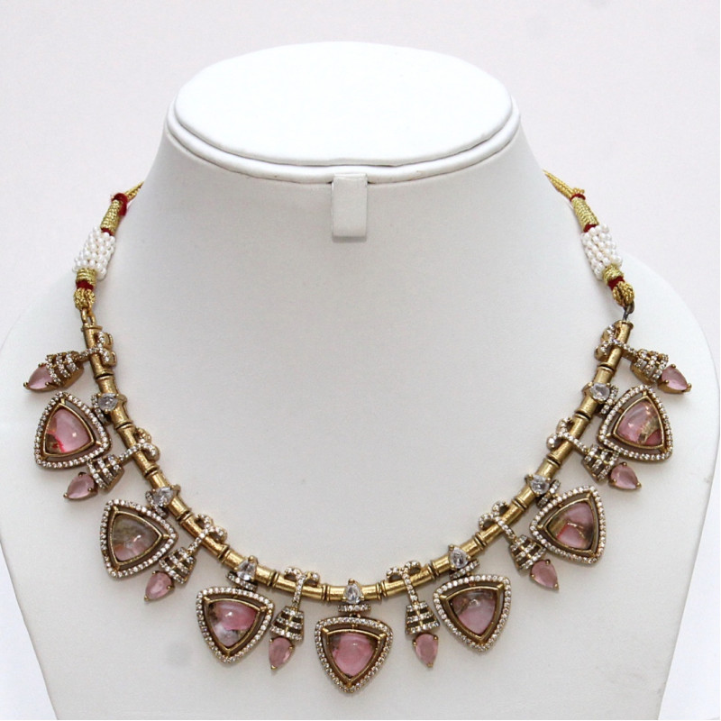 Neckalce Set Antique Finish with Doublet Dark Pink Stone